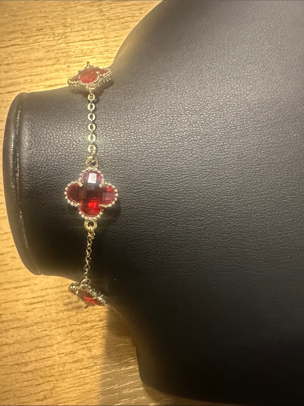 Gold Bracelet with Red Clover Gem Accents 2in Extender